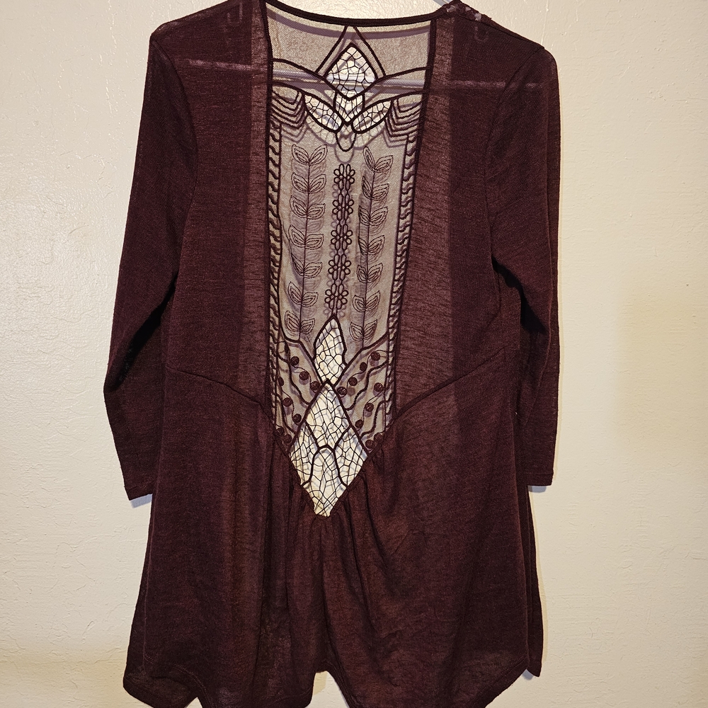 Maroon Long Sleeve Cardigan with Lace Detail